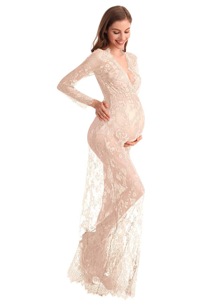 MYRISAM Boudoir Maternity Long Sleeve Lace Dress Women Deep V-Neck Wedding Party Long Dress Milk Bath Photoshoot Gown Beige S - Image 3